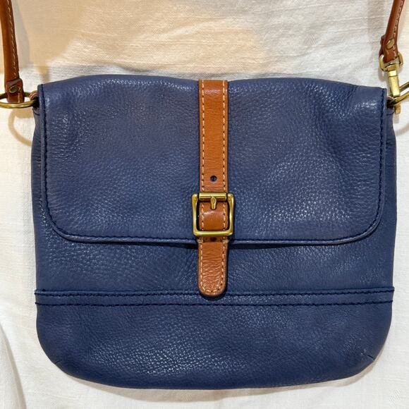 Fossil Blue Pebbled Leather Crossbody Bag Brown Trim Vintage Style - Picture 13 of 15